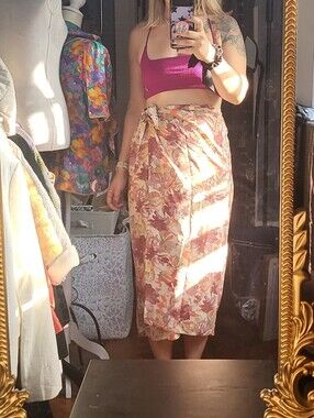 TOTOnKO Size M Vintage 100% Silk Abstract Floral Midi Wrap Skirt Blush and Rust